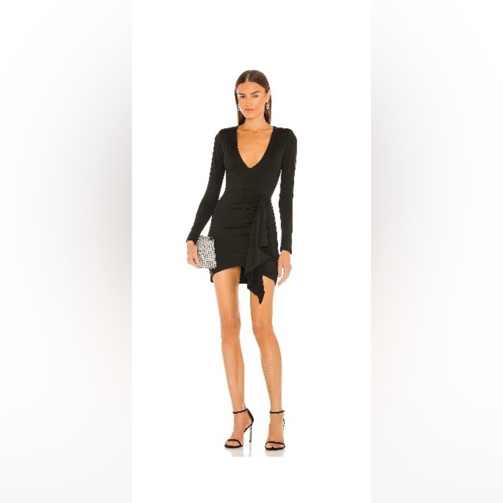 Revolve Black Long-Sleeve V-Neck Ruched Mini Dress